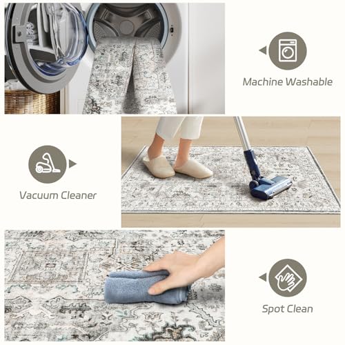Madane Washable Area Rug 2x3, Small Entryway Rug Non-Slip Vintage Door Mat Indoor Entrance, Low Pile Floor Carpet for Inside Front Door Bedroom Kitchen Entry Laundry (2'x3', Ivory/Brown)