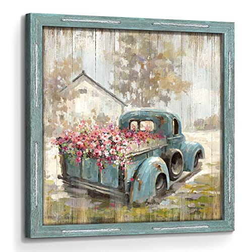 Farm Wall Art Wood Picture: Farmhouse Barn Framed Artwork Decor Rustic Country Landscape Old Truck With Flowers Print Countryside Rural Scene Painting Decoration For Home Living Room #TOP7