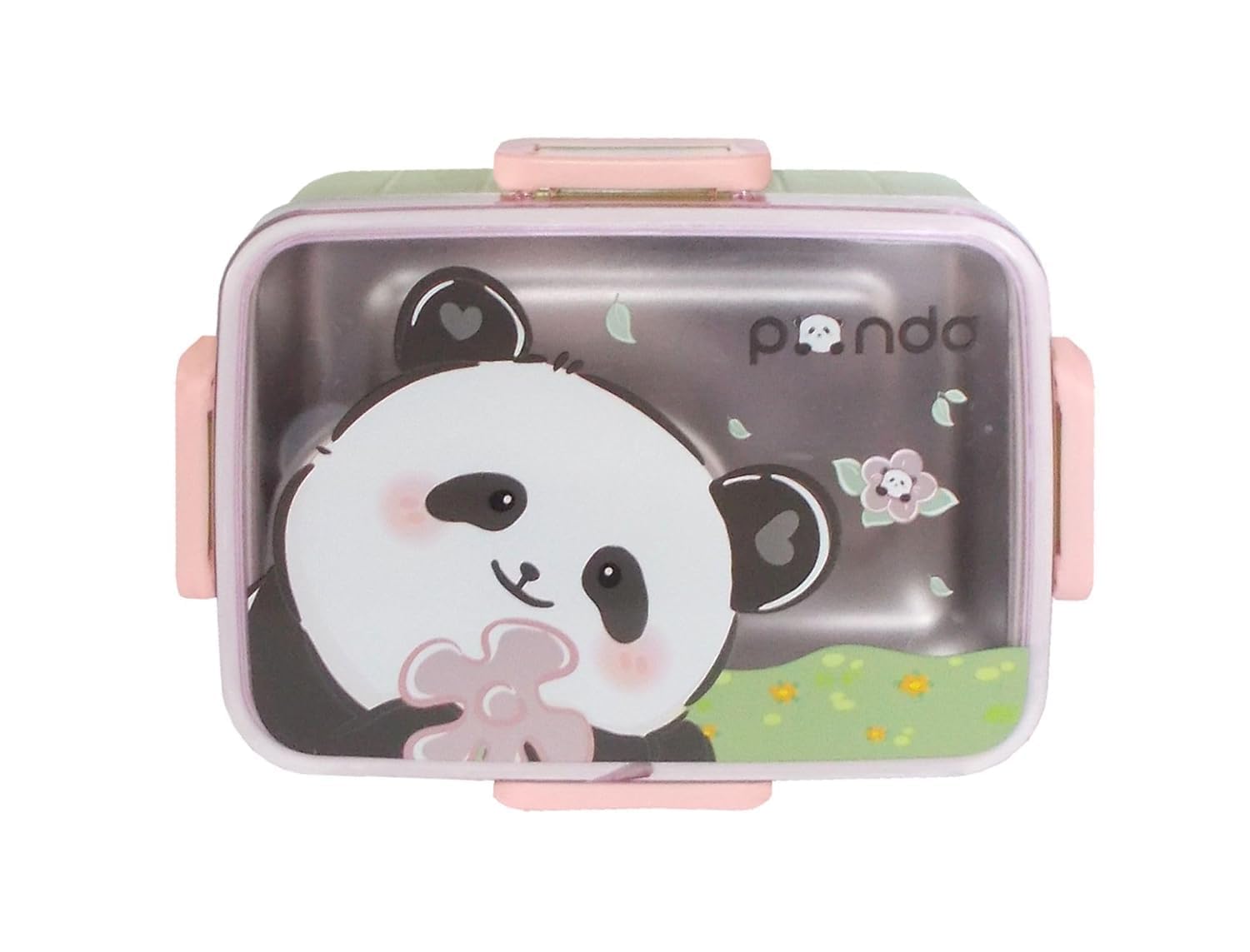 Kids Premium 700ML Lunch Box Stainless Steel Cartoon Print 1 Compartment with Dip Container Food Grade Lunchbox 4 Clip Lock Leak Proof Container for School Travel Picnic (Panda)