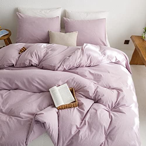 Image of ECOCOTT Light Purple Duvet Cover Queen Size - 100% Washed Cotton Durable Soft Comfy Duvet Cover Set, 3 Pieces Duvet Cover with Zipper Closure (Light Purple, 90''x90'')