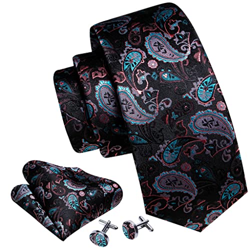 Set de corbata negra paisley de seda para hombre