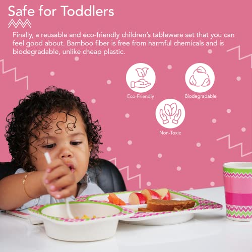 Thoneed Bamboo Kids Plate And Bowl Set | Matching Dishes For Toddlers Ages 1+ | 5 Piece Divided Dinnerware Set Includes Plate, Bowl, Cup & Utensils | Reusable, Bpa Free & Dishwasher Safe (Flamingo) #TOP1