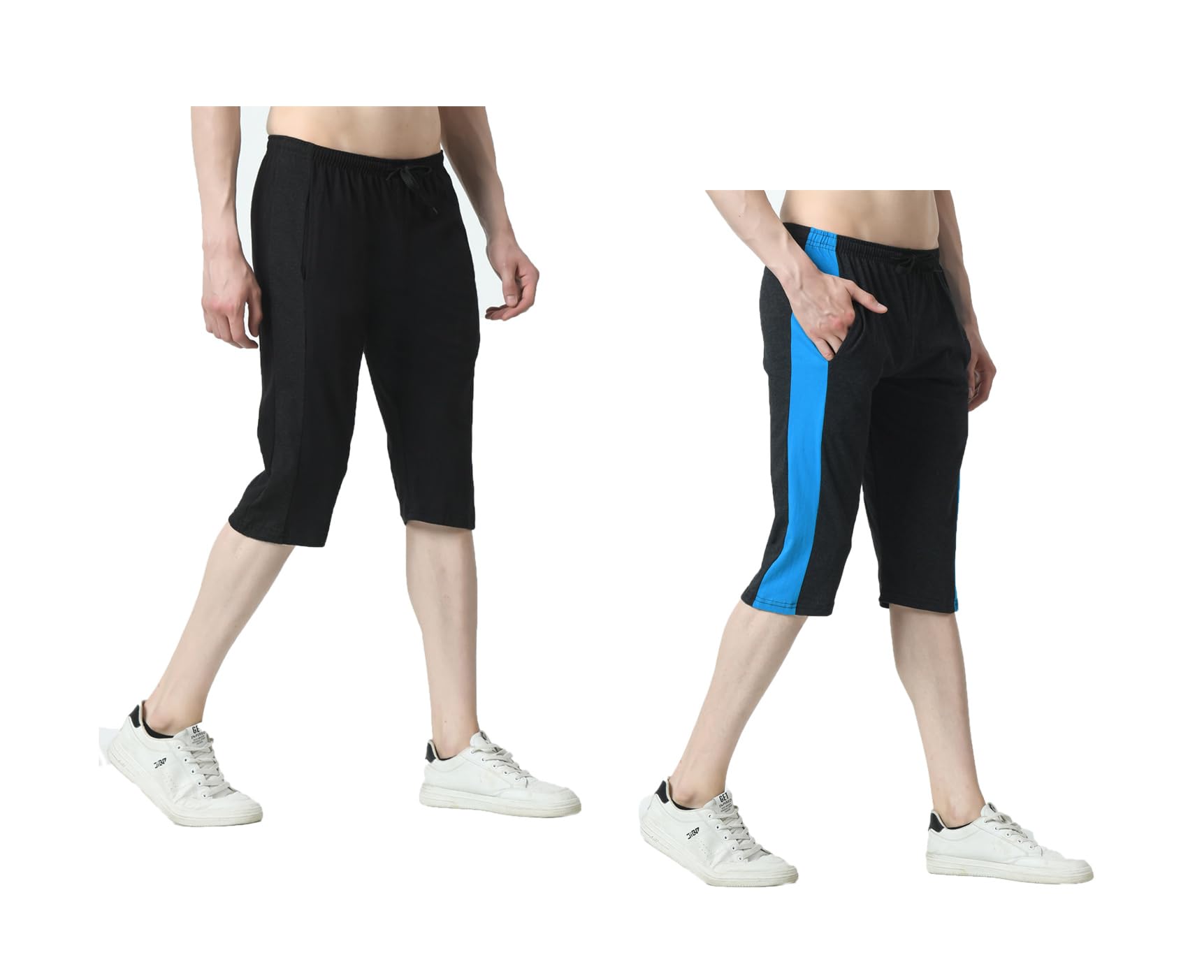 Pack of 2 Men’s Cotton Capri Pants with Side Stripe (Patta), Elastic Waist with Drawstring (Nada), Pockets, Comfortable Casual Knee Length Shorts Black, Dark Grey-image-38