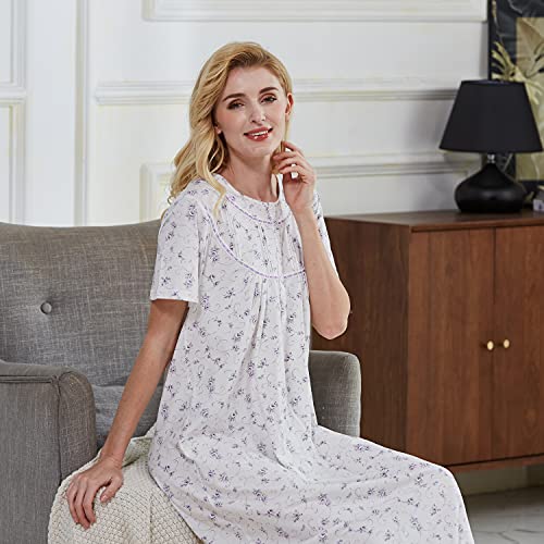 Keyocean Women Nightgown, Soft 100% Cotton Comfy Lightweight Lace Trim Short Sleeve Ladies Sleepwear, Purple Floral, Medium (M) #TOP3