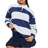 Women Striped Rugby Shirts Vintage Oversized Long Sleeve Collared Polo Shirt Y2k Button Up Pullover Sweatshirt Top (C Blue, M)
