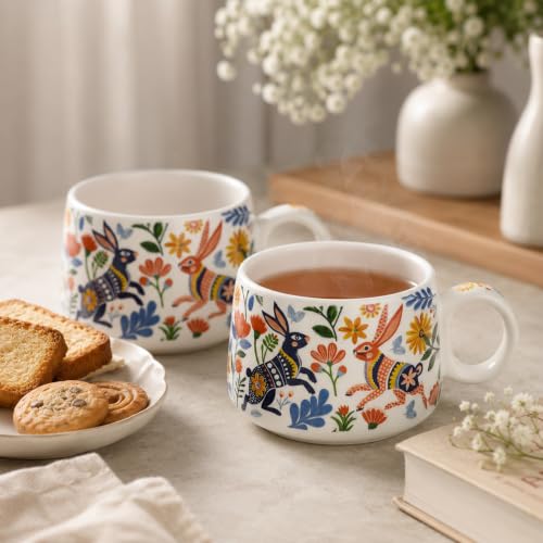 Image of The Earth Store Premium Handcrafted Bunny Floret Ceramic Tea Set with Kettle Microwave and Dishwasher Safe 6 Tea Cups & 1 Kettle | Tea Pot Set | Morning Set