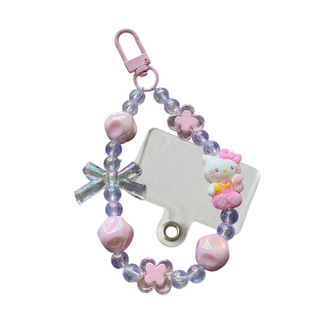 DCW Kawaii Pastel Pink Beaded with Bow Phone Charm Strap, Cute Acrylic Bead Wrist Lanyard, Handmade Y2K Fairycore Coquette Phone Accessory for Phone Case, Bag or Keychain-image-1