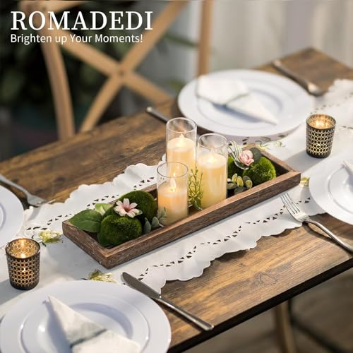 Romadedi Rechteckig Holztablett Tablett Deko：43cm Holz Dekotablett Länglich Vintage Kerzentablett Holzschale für Kerzen Tisch Centerpiece Tischdeko Zuhause Couchtisch Küche Wohnzimmer Dekorative