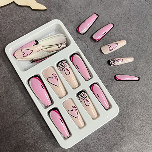 Pink Heart Press On Nails Long Coffin False Nails With Designs Full Cover Stick On Nails Comic 2D Valentines Day Glue On Nails Matte Acrylic Artificial Nails Diy Fake Nails For Women Girls #TOP2