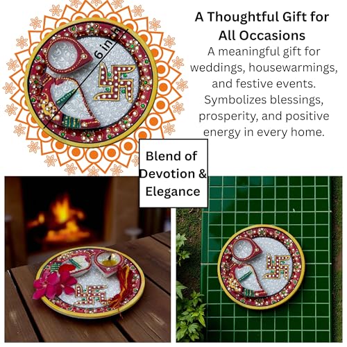 Marble Pooja Thali with Meenakari Work – 6 Inch Decorative Thali, Diya, Roli-Chandan Holder, Kalawa Set for Mandir Aarti, Grih Pravesh, Diwali & Festival Gift (6inch) — photo — 8 of 9