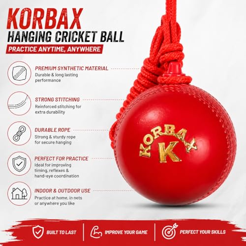 Image of Korbax Synethetic Hanging Practice Cricket Ball | Cricket Hanging Ball for Practice | Easy to Hang & Ideal for Indoor and Outdoor Batting and Heavy Training | Swing Ball for Adults Red,(Pack of 1)