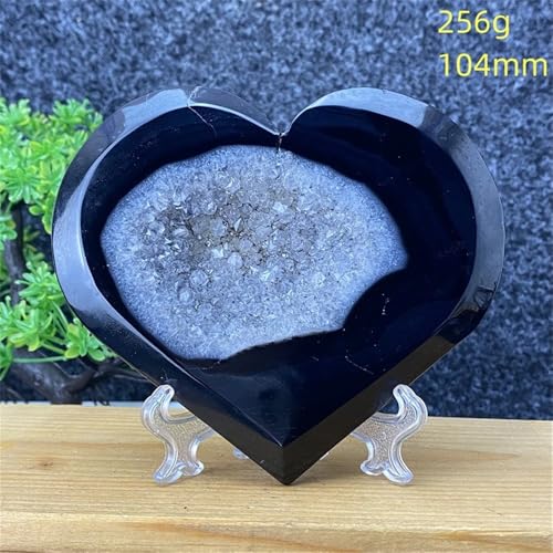 Geoda de ágata negra tallada a mano en forma de corazón de 256g con base de exposición 3