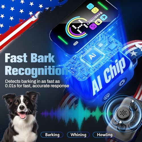Bark Collar for Large Medium Small Dogs - Smart AI 1S Stop Barking, Anti Barking Device & Dog Training Collar with Beep, Vibration & 8-Level Sensitivity, IP67 Waterproof - Red White Blue by DINJOO - Image 3