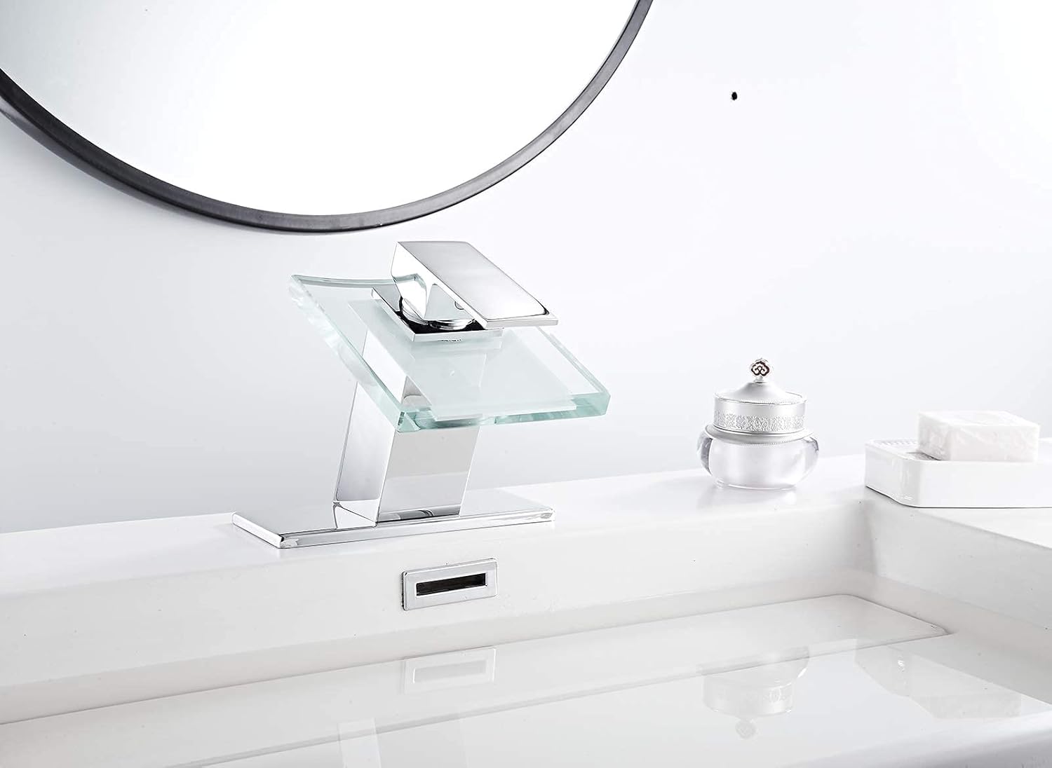 Bathroom Faucet LED Light Waterfall 3 Colors Changing Glass Spout Bathroom Sink Faucet Chrome Single Handle Pop Up Drain with Overflow