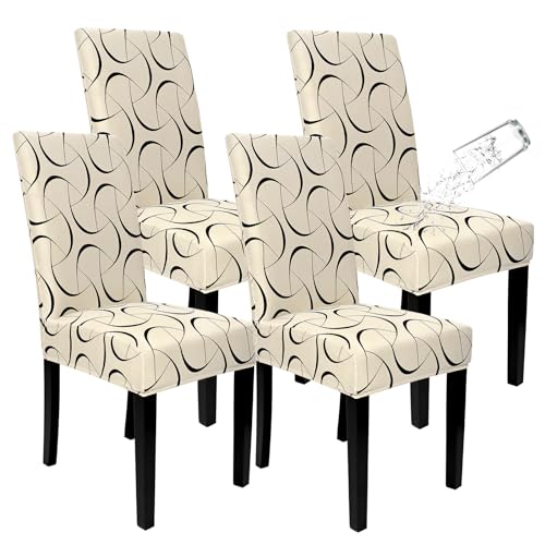 SOMYTING Stuhlhussen Wasserdicht 4er Set, Esszimmer Stuhl Abdeckungen Stretch Stuhlhusse mit Gummiband Stretch abnehmbar, Esszimmerstuhl-Schutzsitz für Hotel Küche Hochzeitsfeier（Beige）