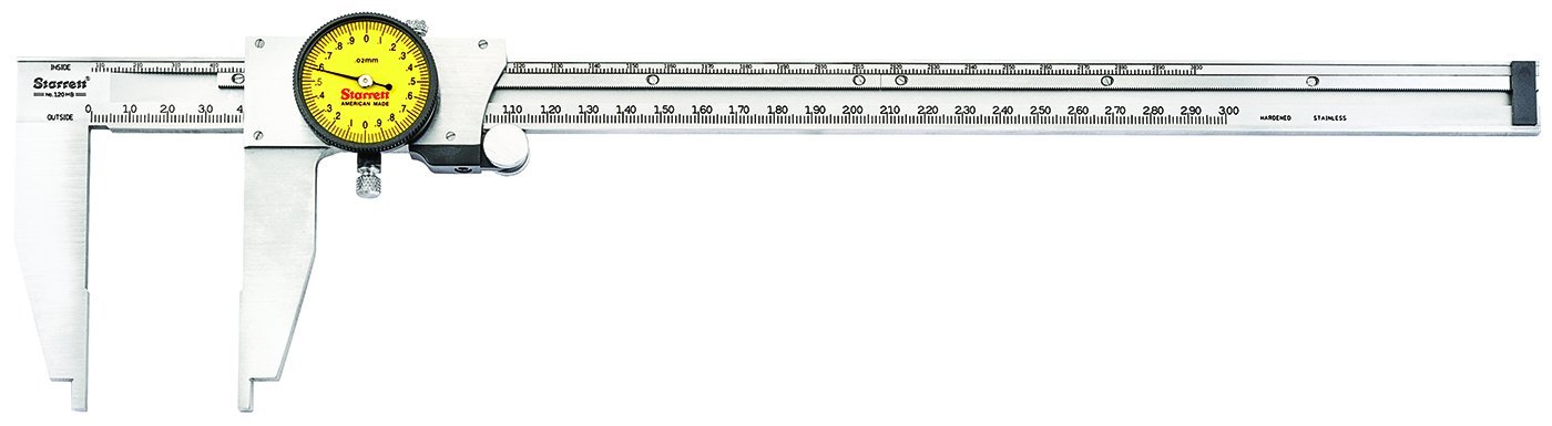 Starrett 120MB-300 Dial Caliper, Stainless Steel, Nib Style Jaw, Yellow Face, 0-300mm Range, +/-0.03mm Accuracy, 0.02mm Resolution