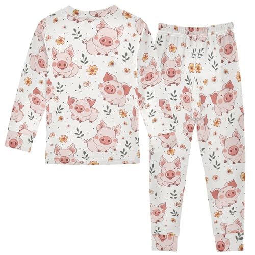 ALAZA Pig Piggy Flower White 2 Piece Pajama Set Long Sleeve Top and Pants Sleepwear Unisex2