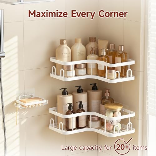 Image of Veken Corner Shower Caddy 3-Pack, Advanced Rustproof Design&Stable Storage | No Drilling Adhesive Shelves, Rack with Soap Holder & Hooks, Thickened Metal Frame, Bathroom Organizers and Storage, White