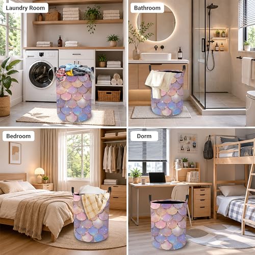Image of Pastel Mermaid Laundry Hamper, Scale Glitter Laundry Baskets, Waterproof Oxford Cloth for Room /Bathroom /Bedroom /Dormitories 16x20.8 Inch