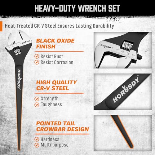 Image of HORUSDY 3-Piece Adjustable Spud Wrench Set, 10 inch, 12 inch, 16 inch, CR-V Steel, SAE & Metric Scale, Black Oxide Finish, Heavy Duty Wrenches for Construction, Mechanical Repair, DIY and Outdoor Projects