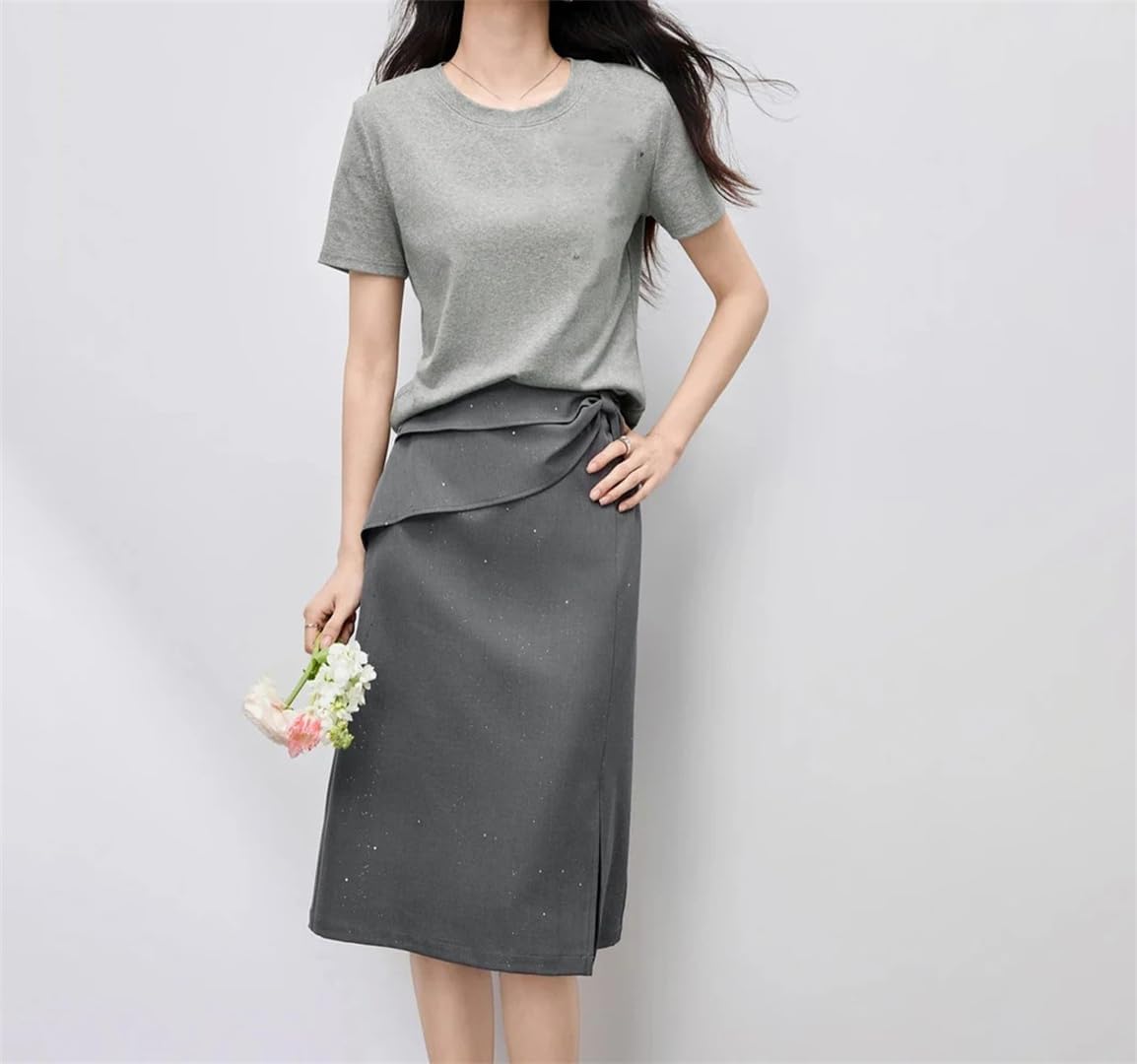 Women's Summer Suit T Shirt And Skirt Matching Set Sequined Detail Commute Design Two Piece Casual Outfit