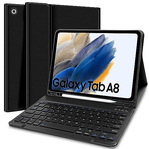 Funda con Teclado Español Ñ para Samsung Galaxy Tab A8 10,5 2021 (SM-X200/X205) - Funda Protectora con Ranura de Lápiz, Teclado Desmontable Inalámbrico, Negro