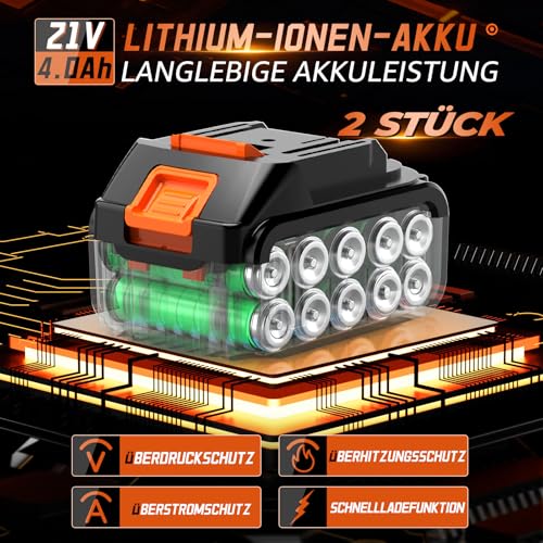 GEARLASSO 1300 Nm Akku-Schlagschrauber, 1/2 Zoll, 21V bürstenloser Schlagschrauber mit hohem Drehmoment, mit 2 x 4,0 Ah Akkus, 6 Steckdosen,für Radmuttern von Auto, Wohnmobil, LKW