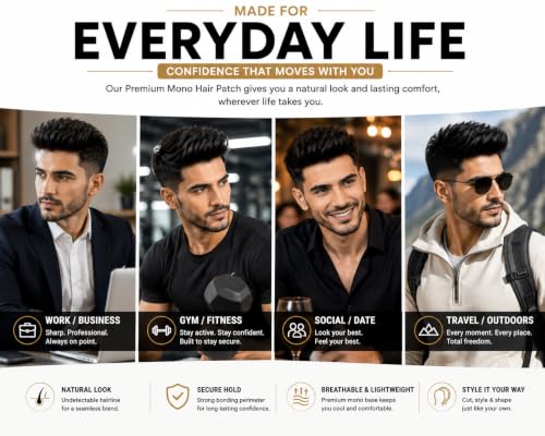 Image of Euphoria PREMIUM MONO Hair Patch for Men | 100% Natural Human Toupee | Durable PU Border System | Non-Surgical Replacement Wig | Install with Tape, Clips or Glue | (Black, 10x7)