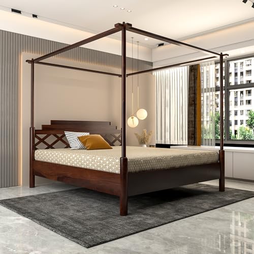 Image of Sheesham Solid Wood Queen Size Jaipur Poster Bed for Home| Beautiful Bedroom (Queen, Jaipur Poster Bed)