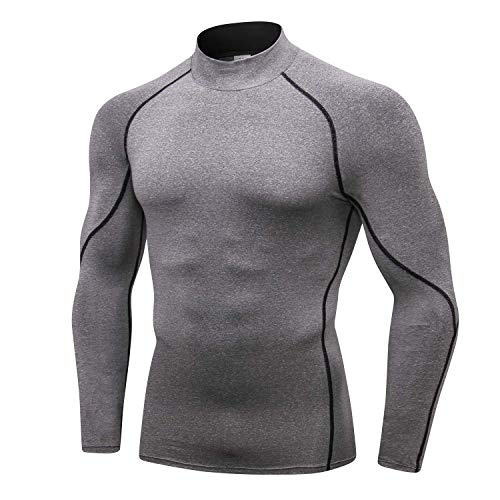 Audoc Compression Shirt Men Long Sleeve Base Layer Tops Workout Mock Neck Quick-Dry Breathable Athletic T Shirts 1 Pack Grey
