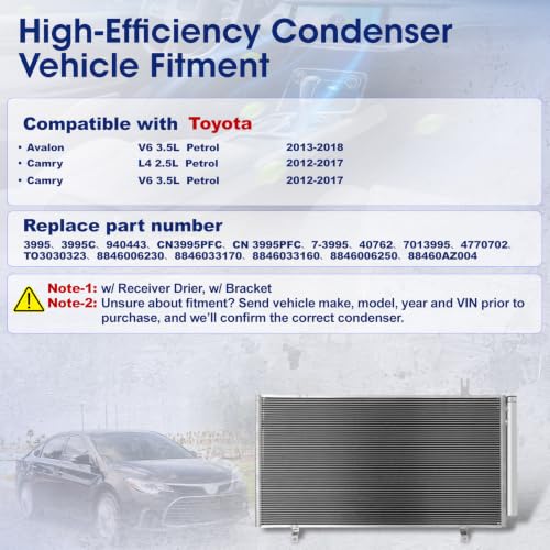 Image of Air Conditioning A /C Condenser Compatible with Toyota Camry 2012-2017 Avalon 2013-2018