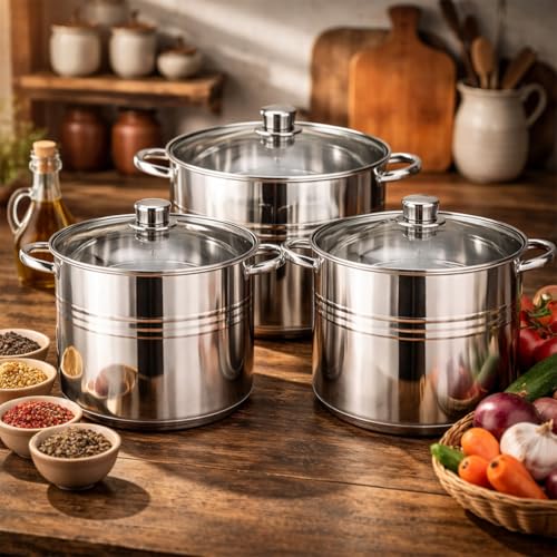 6 Pcs Stainless Steel Stockpot Set with Glass Lids – Heavy Duty Induction Cooking Pots (16.2L, 13.5L, 11.1L) | Large Soup & Stew Pots for Kitchen, Catering, and Home Cooking Cookware Set - Image 4