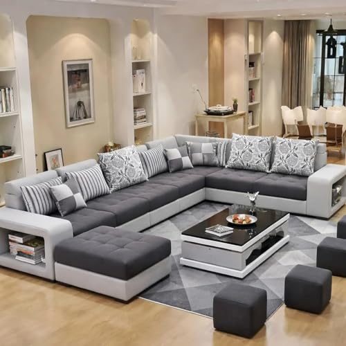 Image of Torque Allister 12 Seater Sofa Set for Living Room (Grey) | Interchangeable U Shape Sectional Sofa | Solid Wood Frame & High-Density Supersoft Foam | Includes Puffy & Stool | Modern Home Furniture