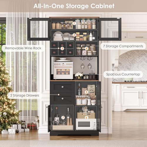 HIFIT 75\" Tall Coffee Bar Cabinet with Hutch, Kitchen Pantry Storage Cabinet with Barn Door & Shelves, Wine & Glasses Rack, Modern Wooden Wine Bar Station w/2 Drawer for Home Dining Living Room, Black