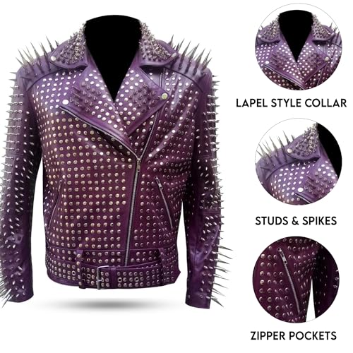 Image of Men's Studded Cowhide Leather Biker Jacket - Punk Rock Spiked Brando Coat
