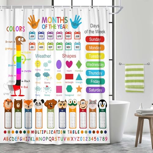 Image of Funny Kids Shower Curtain, ABC Educational Restroom Curtain with Vehicle Smathematical Knowledge for Boys Girls, Gute Pupil Students Learning Tools Cloth Fabric Bathroom Accessories Decor with Hooks