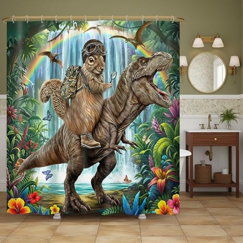 Image of Funny Squirrel Riding Dinosaur Shower Curtain, Tropical Jungle Rainforest Safari Animal Bathroom Curtain for Kids Boys Men, Waterproof Fabric Bath Curtain with 12 Hooks, 60X70 Inches