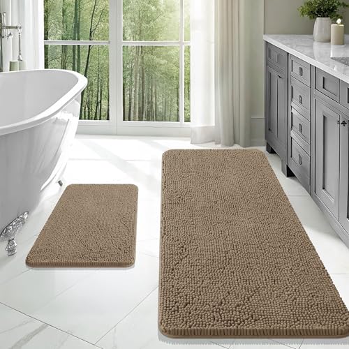 Image of OLANLY Bathroom Rugs Sets 2 Piece, Soft Absorbent Chenille Bath Mats Area Rug Set, Non-Slip, Quick Dry, Machine Washable Bath Mats for Bathroom, Home Decor Accessories (47 inchx20 inch+24 inchx16 inch, Tan)