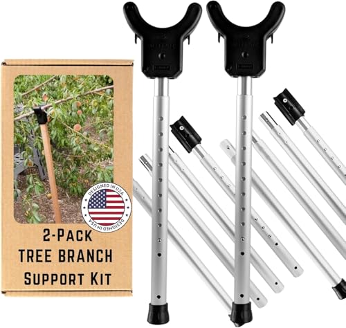Kalinar Adjustable Aluminum Tree Support Pole with Branch Crutch – Prevents Fruit Tree Branch Breakage – Holds Up to 100 lbs – Adjusts to 16”-74” for Leaning Trees (2-Pack)