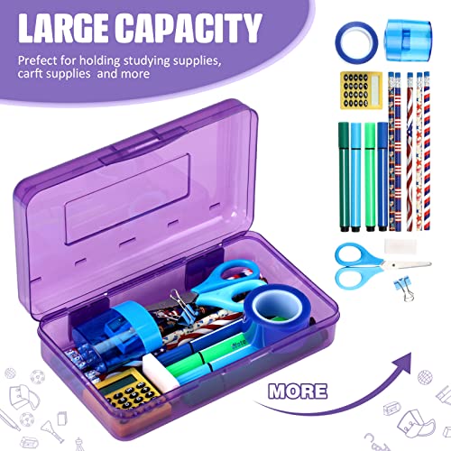 Image of Fainne 24 Pack Clear Plastic Pencil Box,Purple | Stackable Organizer for School Supplies, Large Case for Crayons Markers, Snap-lid Keeps Stationery Secure, Bulk Set