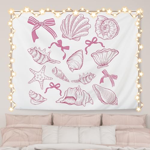 AQYIP Coquette Blue Bow Seashell Ocean Beach Tapestry Wall Hanging, Preppy Beach Tapestry Decorative, Blue Coastal Wall Blanket Decor for Girls Room Dorm Apartment Bedroom, 50x60 Inch(Pink)