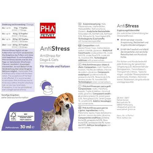 PHA Antistress Tropfen, Natürliches Beruhigungsmittel für Hunde & Katzen, für Silvester, Autofahrten, Tierarzt & Alleinsein, zur Beruhigung, Entspannungs- & Anti-Stress-Mittel für Hunde & Katzen