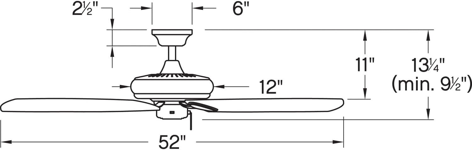 Diagram showing the dimensions of the Hinkley Marquis ceiling fan, including a 52-inch blade span and a 13.25-inch assembled height.