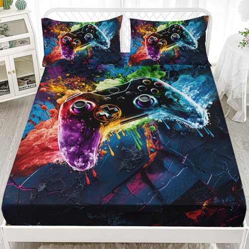 AILONEN Gamepad Fitted Sheet Twin XL Size, Colourful Graffiti Gamepad Bedding Set for Boys Girls,Gaming Gamer Resistant Microfiber Kids Sheets,1 Fitted Sheet+2 Pillowcases,3 Pcs