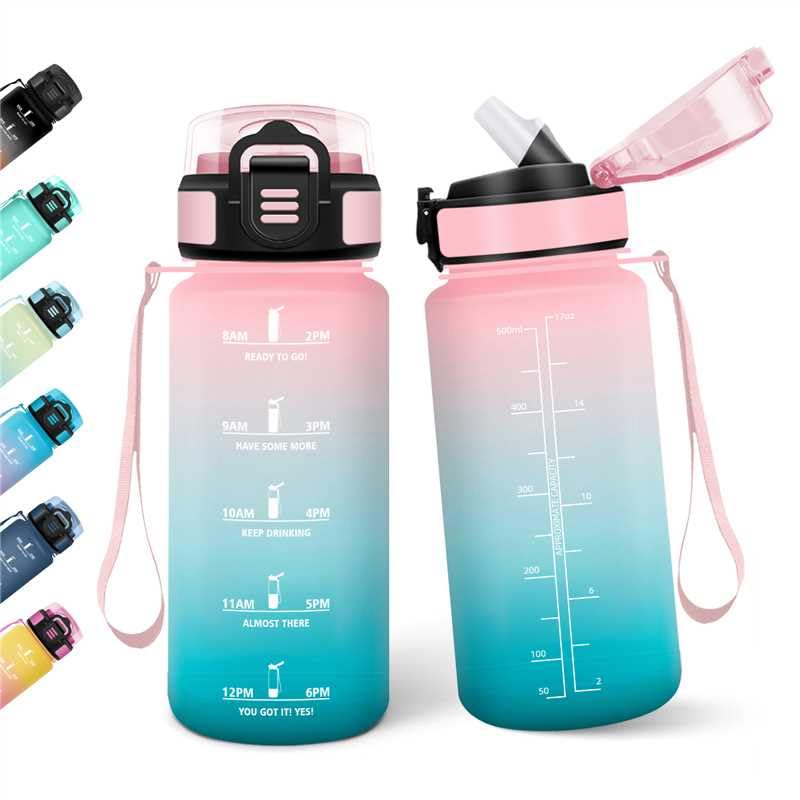 Borraccia, 500ML Con Paglia, Borraccia Bambini, Senza BPA, Borracce con Cannuccia, Bottiglia d'acqua Motivazionale con Indicatore del Tempo, Bottiglia Acqua per Scuola, Sport, Yoga - Rosa&ciano