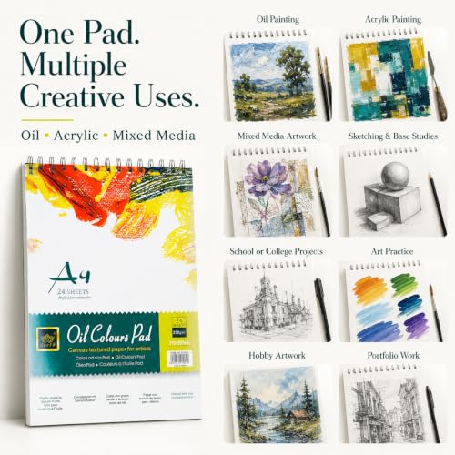 Image of ArtRight A4 Oil Painting Paper Pad - 230 GSM, 100% Cotton, Cold Pressed, 24 Sheets - Ideal for Oil, Acrylic & Mixed Media Art, Textured Acid-Free Art Paper for Artists