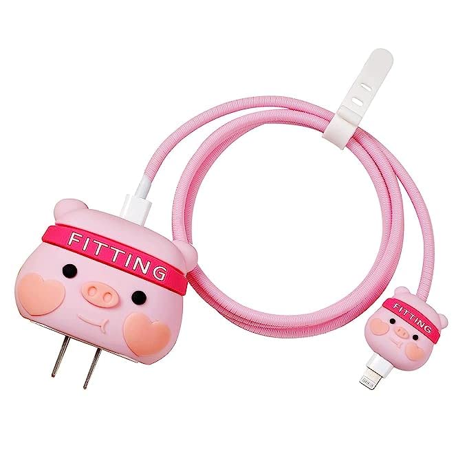 Image of Cartoon 3D Design Protective Case for 18W 20W iPhone 14 13 12 11 Pro Max Fast Charging Cable Adapter Charger, Cute Cartoon Lightning Data Cable Case for iPhone Charger DIMPLED
