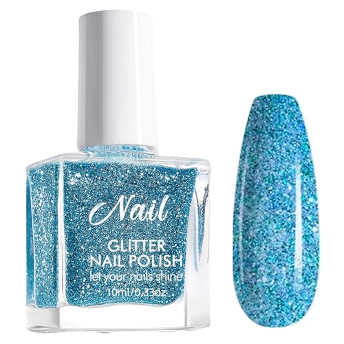 Blue Nail Polish, Glitter Nail Varnish, Long-lasting Quick Dry Flash Nail Varnish, Nail Polish Gel Low Odor Without UV Lamp Non-Toxic For Women Home DIY Nail Art Gift (Azurite Blue, 10ML)