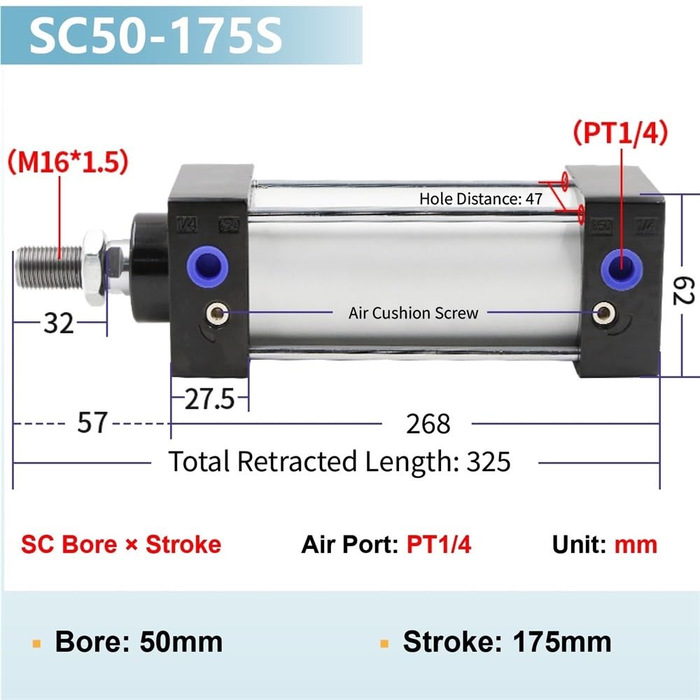 Kolbenstangenzylinder 1 Stück Zugstange for Hochleistungs-Luftzylinder, SC50 Standard-Doppelwirkungs-Magnet-Pneumatikzylinder(175mm)