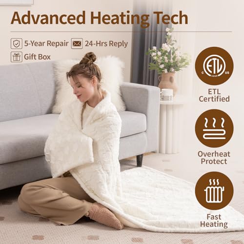 Image of Bearhug Heated Throw Blanket, 50 inchx60 inch Electric Throw, White Flower Patterns Faux Fur & Warm Sherpa, 4h Auto-Off Timer & 6 Heating Levels,ETL Certified, Machine Washable, Gift Box